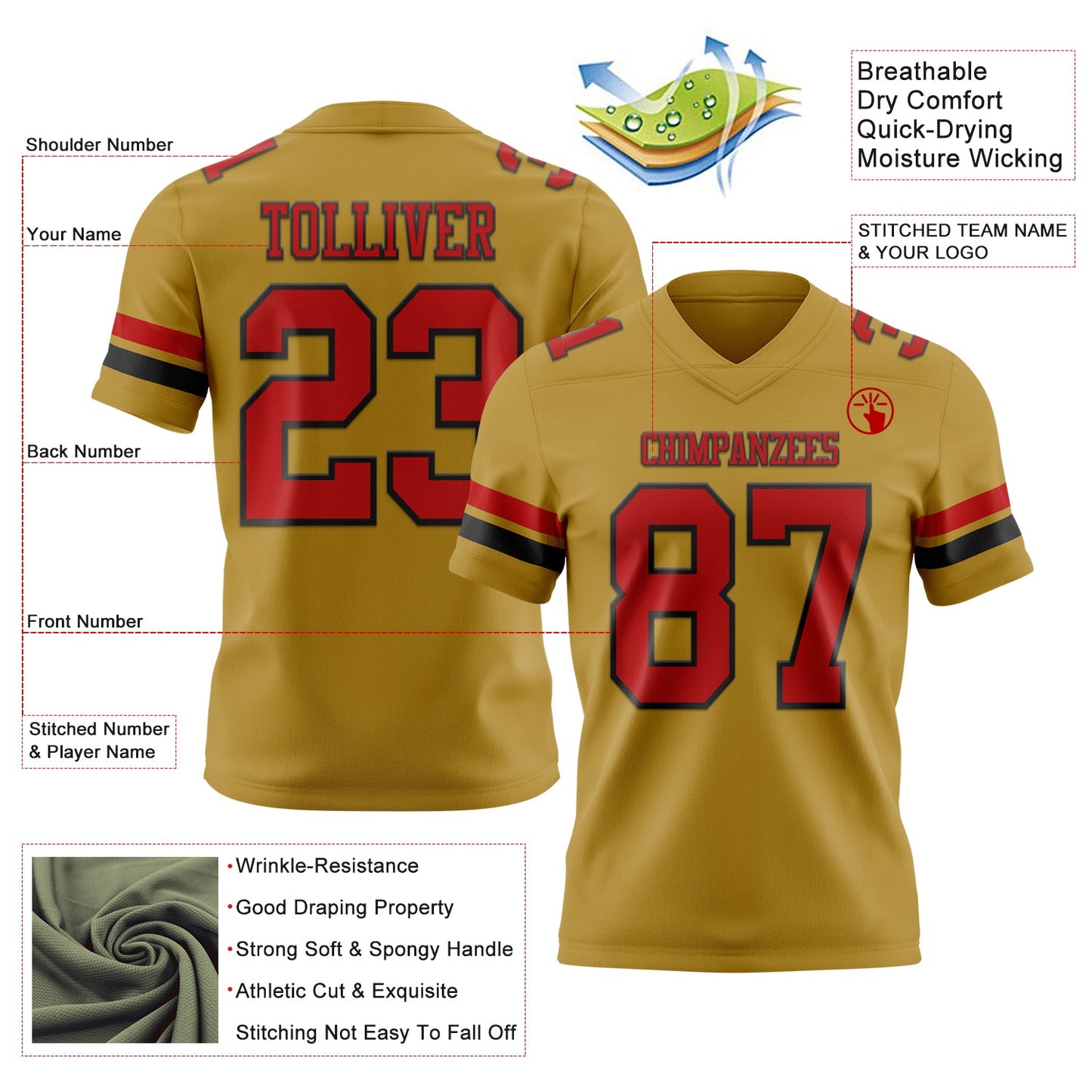 Custom Old Gold Red-Black Mesh Authentic Football Jersey - Sky-Custom