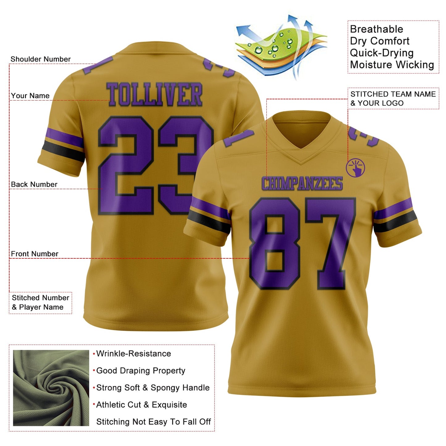 Custom Old Gold Purple-Black Mesh Authentic Football Jersey - Sky-Custom