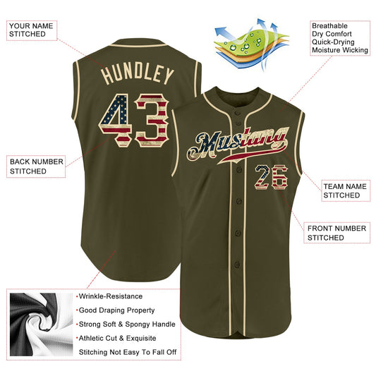 Custom Olive Vintage USA Flag-Cream Authentic Sleeveless Salute To Service Baseball Jersey - Sky-Custom