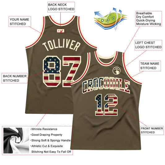 Custom Olive Vintage USA Flag-Cream Authentic Throwback Salute To Service Basketball Jersey - Sky-Custom