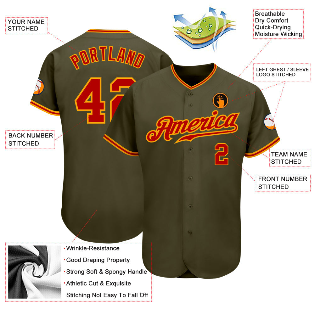 Custom Olive Red-Gold Authentic Salute To Service Baseball Jersey - Sky-Custom