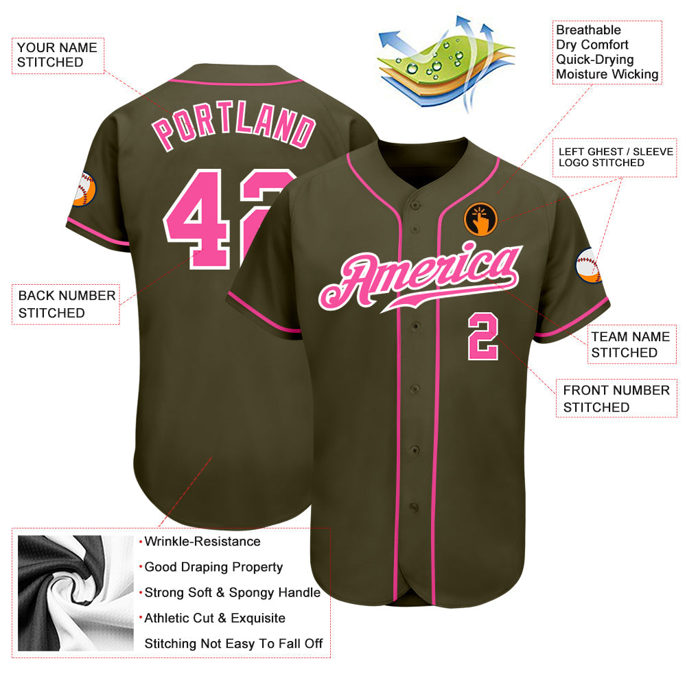 Custom Olive Pink-White Authentic Salute To Service Baseball Jersey - Sky-Custom