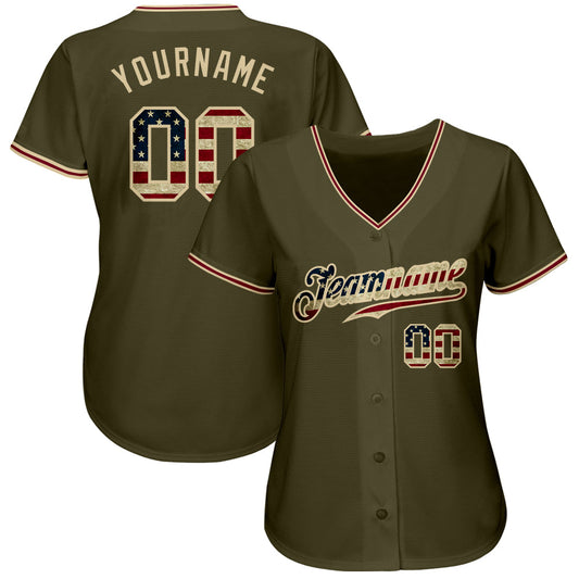 Custom Olive Vintage USA Flag-City Cream Authentic Salute To Service Baseball Jersey - Sky-Custom