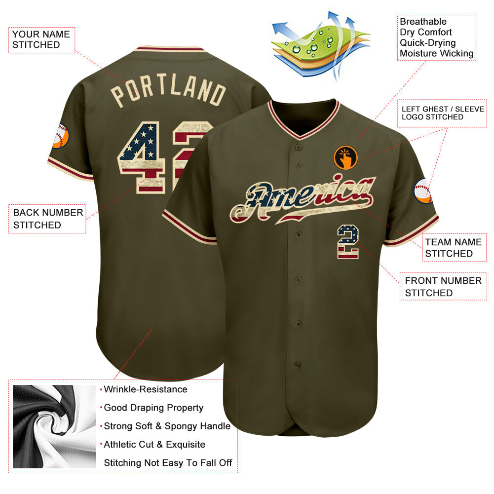 Custom Olive Vintage USA Flag-City Cream Authentic Salute To Service Baseball Jersey - Sky-Custom