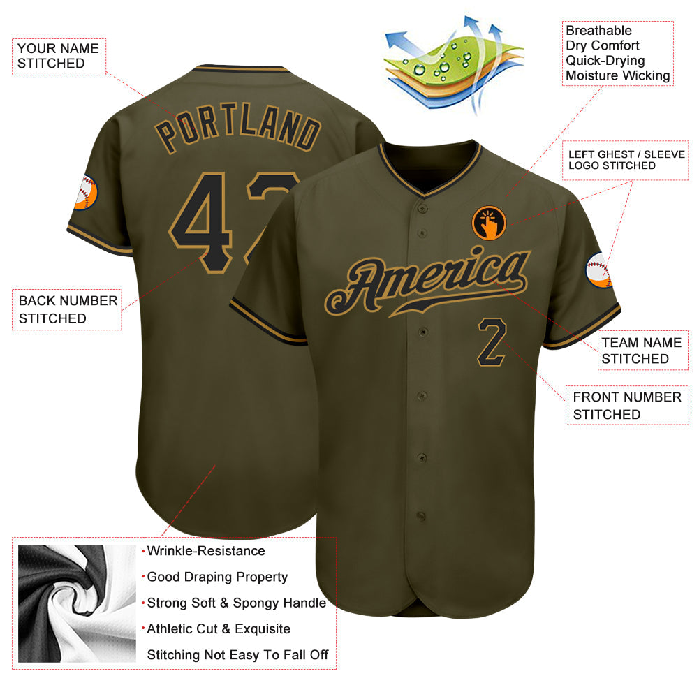 Custom Olive Black-Old Gold Authentic Salute To Service Baseball Jersey - Sky-Custom