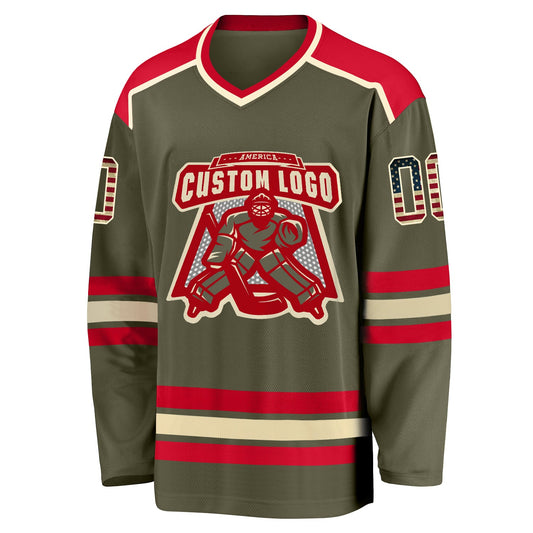 Custom Olive Vintage USA Flag Cream-Red Salute To Service Hockey Jersey - Sky-Custom