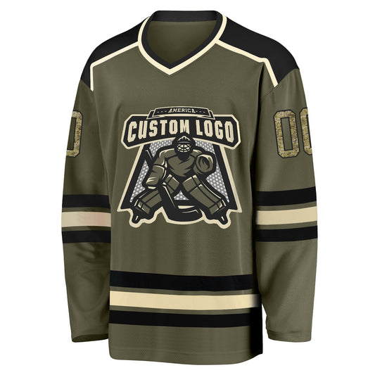Custom Olive Camo Black-Cream Salute To Service Hockey Jersey - Sky-Custom