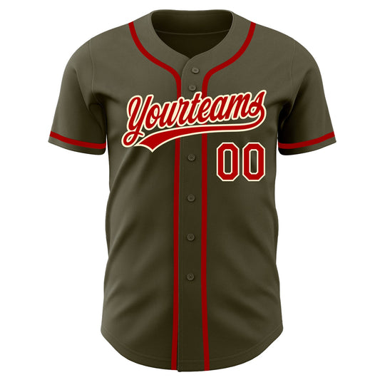Custom Olive Red-Cream Authentic Salute To Service Baseball Jersey - Sky-Custom