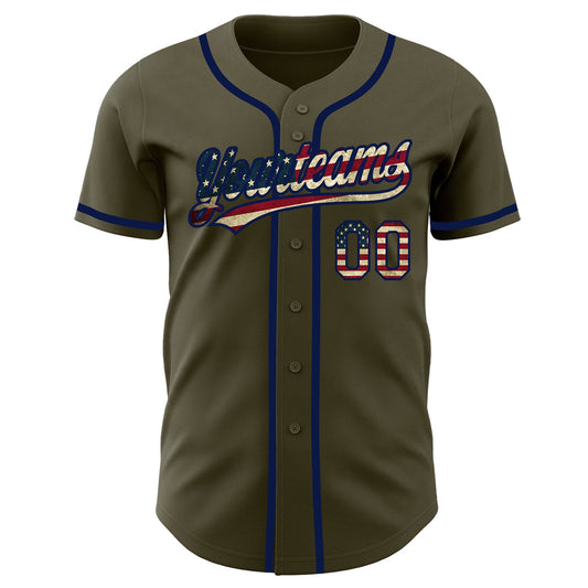 Custom Olive Vintage USA Flag-Navy Authentic Salute To Service Baseball Jersey - Sky-Custom