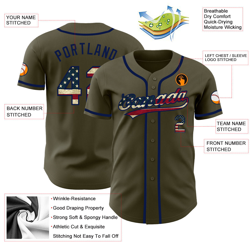 Custom Olive Vintage USA Flag-Navy Authentic Salute To Service Baseball Jersey - Sky-Custom