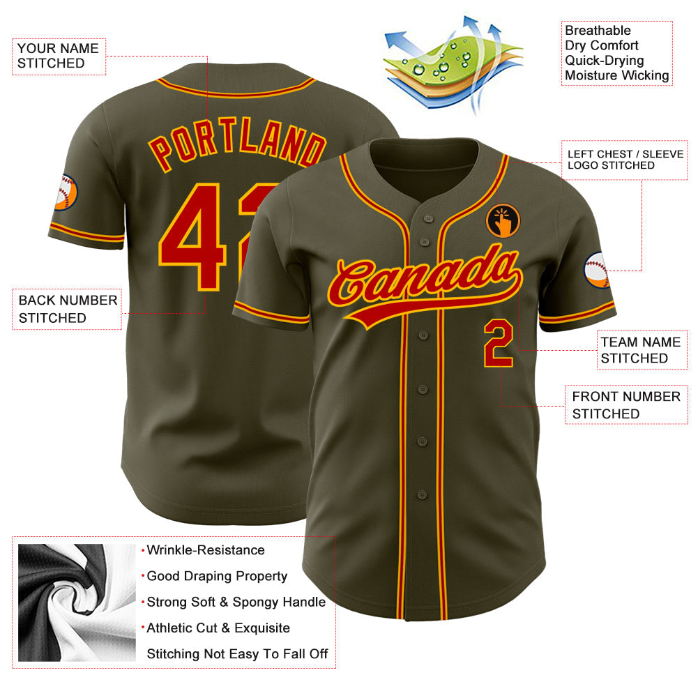 Custom Olive Red-Gold Authentic Salute To Service Baseball Jersey - Sky-Custom