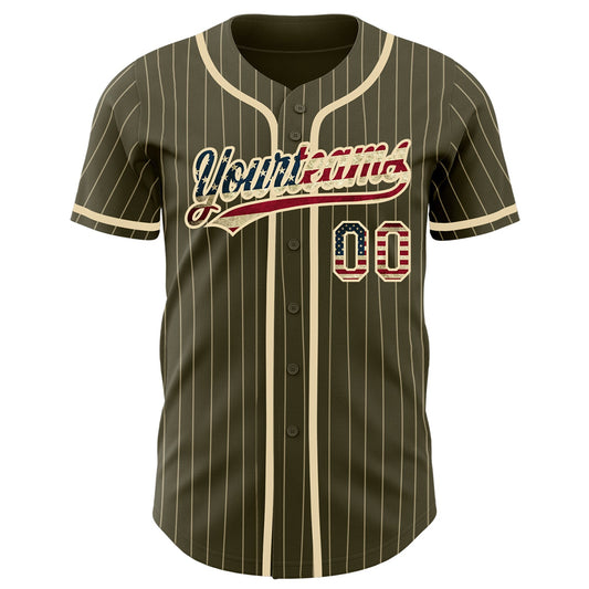 Custom Olive City Cream Pinstripe Vintage USA Flag Authentic Salute To Service Baseball Jersey - Sky-Custom