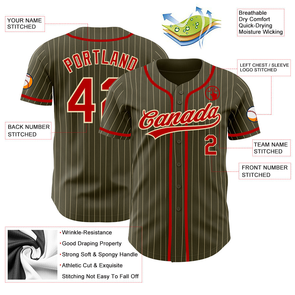Custom Olive City Cream Pinstripe Red Authentic Salute To Service Baseball Jersey - Sky-Custom