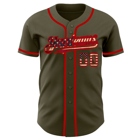 Custom Olive Vintage USA Flag-Red Authentic Salute To Service Baseball Jersey - Sky-Custom
