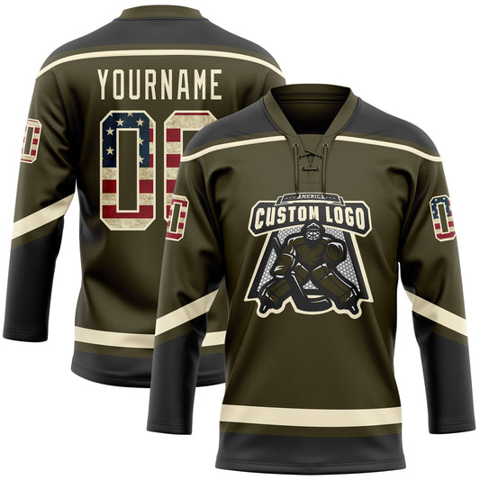 Custom Olive Vintage USA Flag Cream-Black Salute To Service Hockey Lace Neck Jersey - Sky-Custom