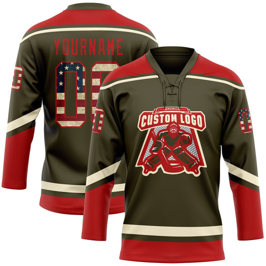 Custom Olive Vintage USA Flag Red-Cream Salute To Service Hockey Lace Neck Jersey - Sky-Custom