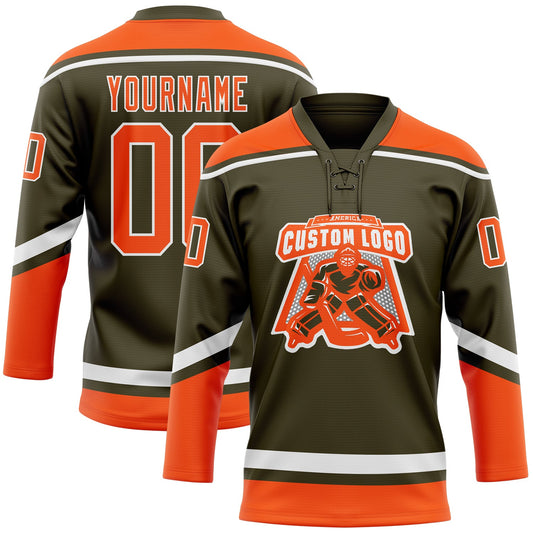 Custom Olive Orange-White Salute To Service Hockey Lace Neck Jersey - Sky-Custom