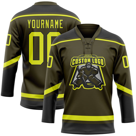 Custom Olive Neon Yellow-Black Salute To Service Hockey Lace Neck Jersey - Sky-Custom