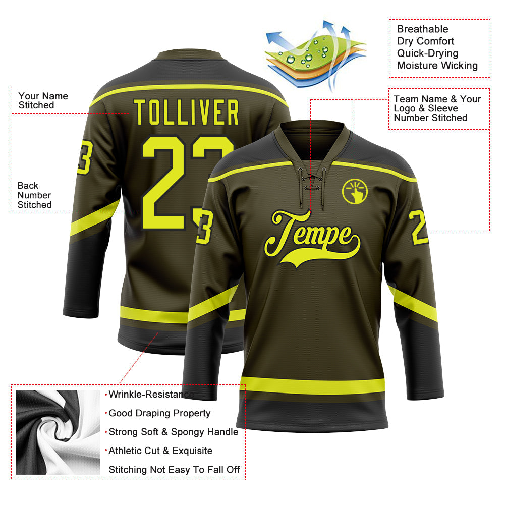 Custom Olive Neon Yellow-Black Salute To Service Hockey Lace Neck Jersey - Sky-Custom