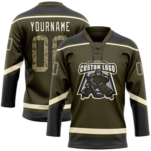 Custom Olive Camo Black-Cream Salute To Service Hockey Lace Neck Jersey - Sky-Custom