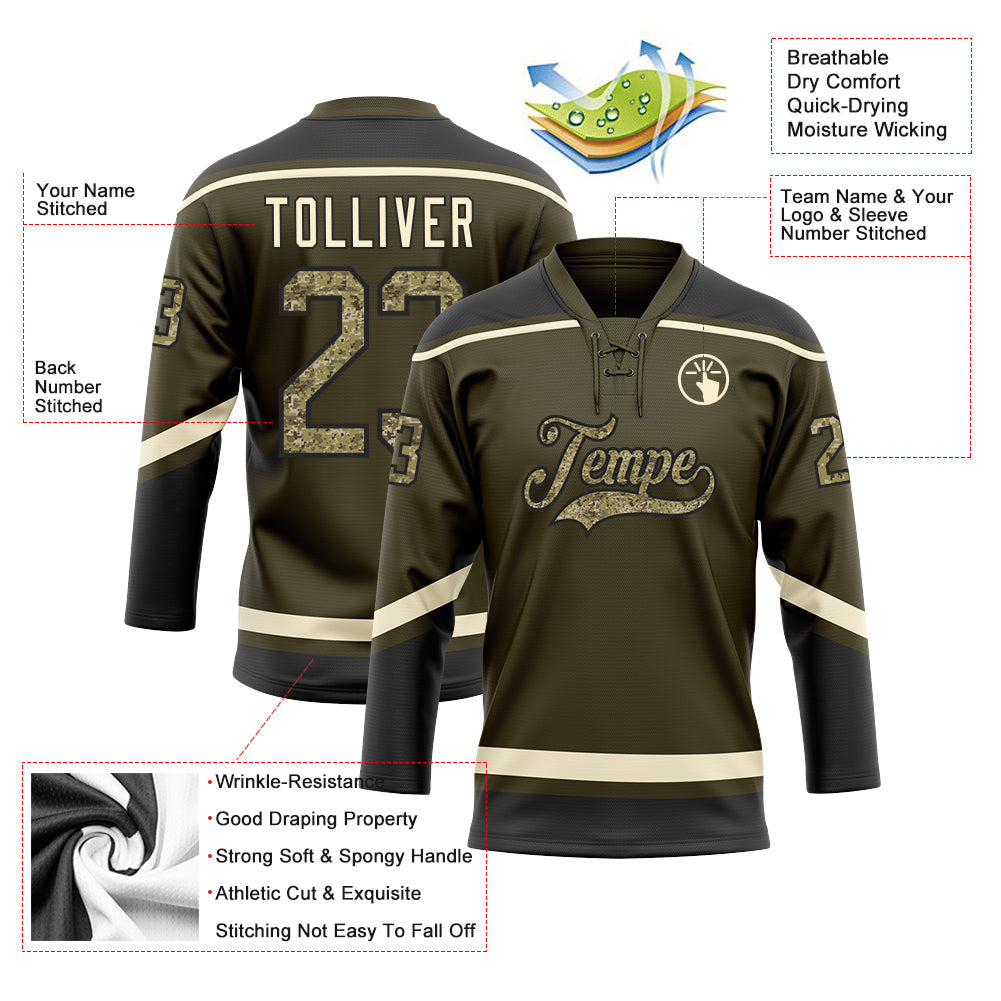 Custom Olive Camo Black-Cream Salute To Service Hockey Lace Neck Jersey - Sky-Custom