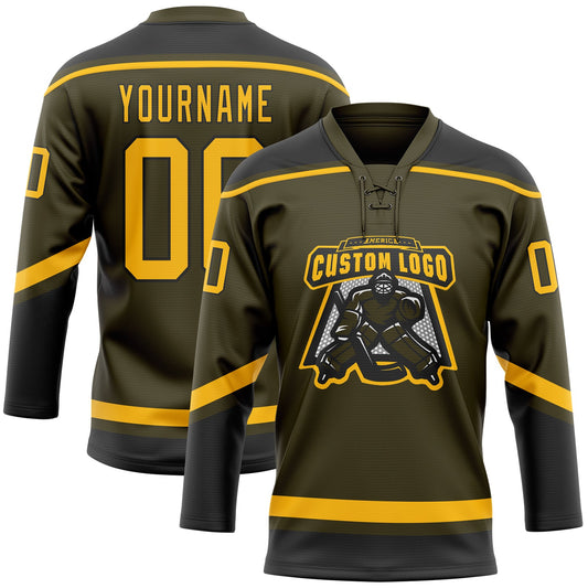 Custom Olive Gold-Black Salute To Service Hockey Lace Neck Jersey - Sky-Custom