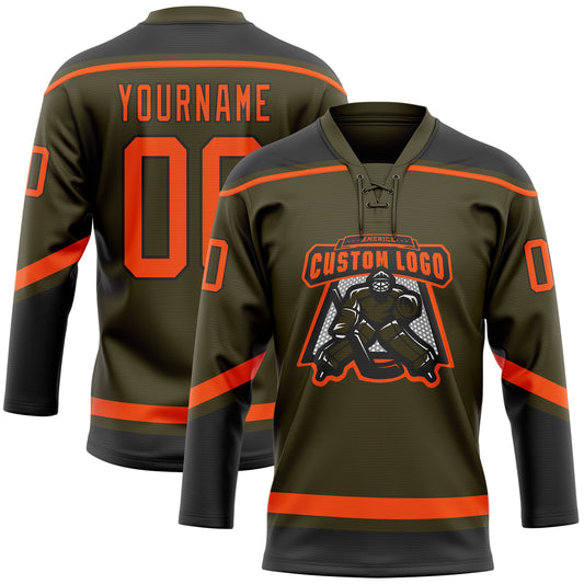 Custom Olive Orange-Black Salute To Service Hockey Lace Neck Jersey - Sky-Custom