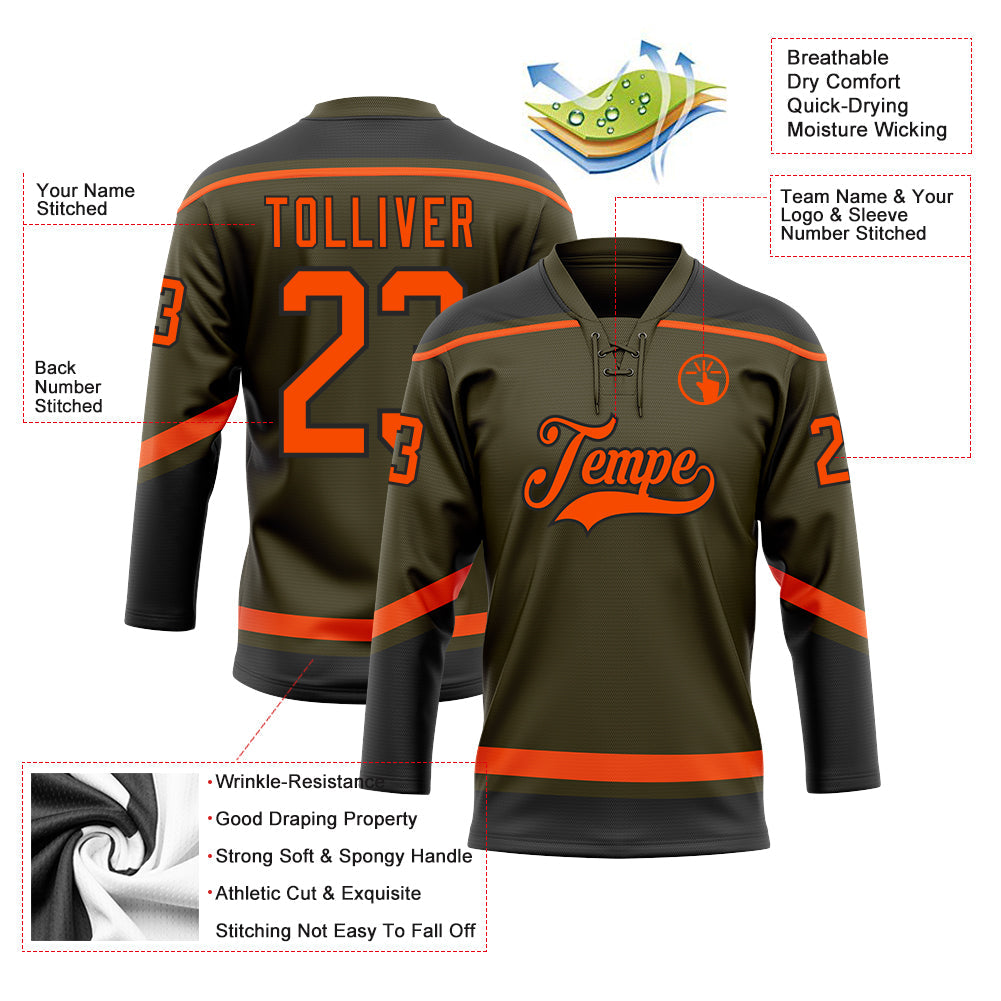 Custom Olive Orange-Black Salute To Service Hockey Lace Neck Jersey - Sky-Custom