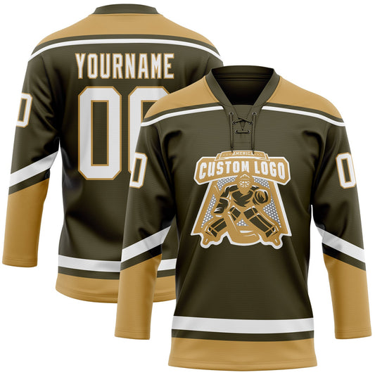 Custom Olive White-Old Gold Salute To Service Hockey Lace Neck Jersey - Sky-Custom