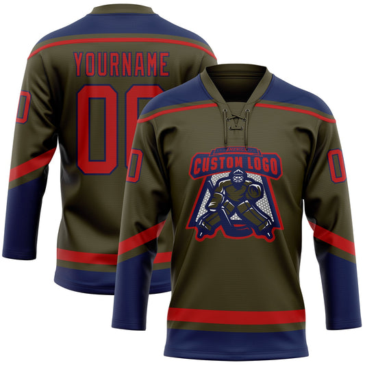 Custom Olive Red-Navy Salute To Service Hockey Lace Neck Jersey - Sky-Custom