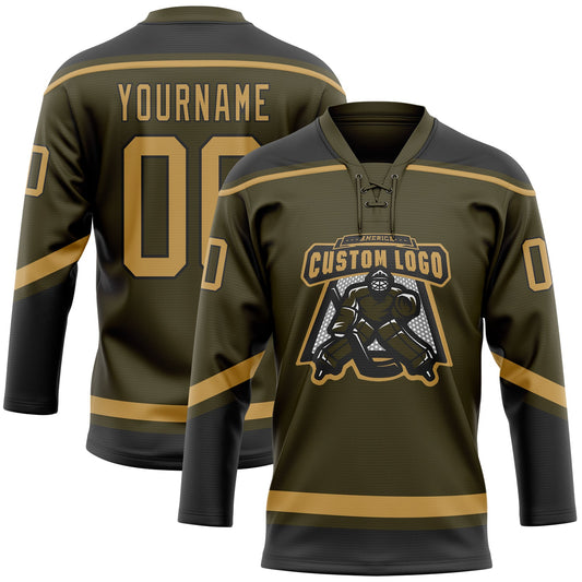 Custom Olive Old Gold-Black Salute To Service Hockey Lace Neck Jersey - Sky-Custom