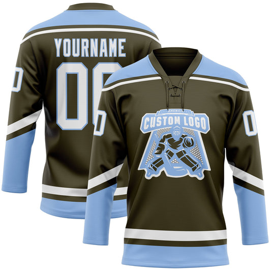 Custom Olive White-Light Blue Salute To Service Hockey Lace Neck Jersey - Sky-Custom