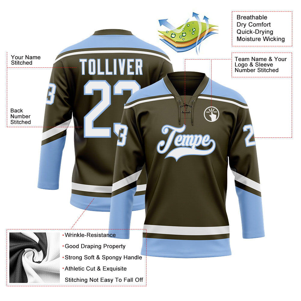 Custom Olive White-Light Blue Salute To Service Hockey Lace Neck Jersey - Sky-Custom