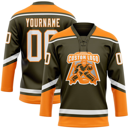 Custom Olive White-Bay Orange Salute To Service Hockey Lace Neck Jersey - Sky-Custom