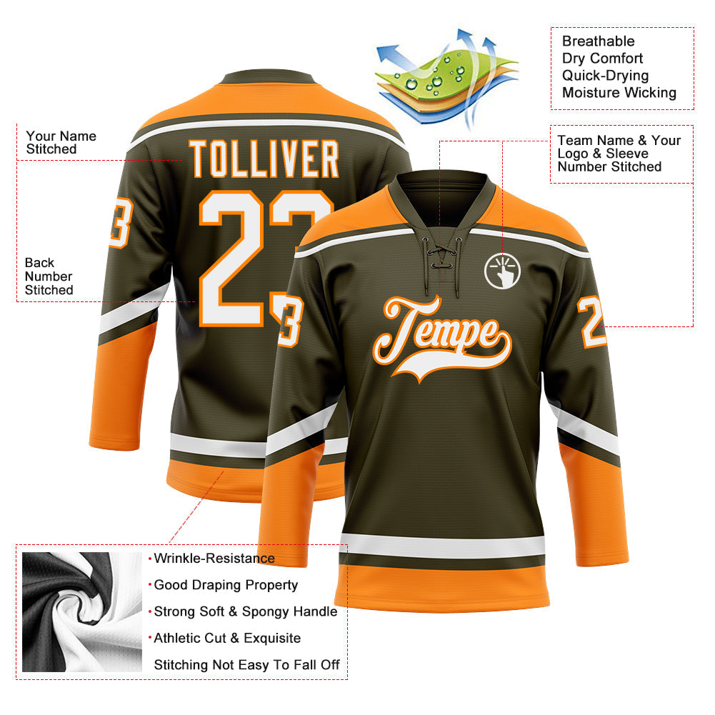 Custom Olive White-Bay Orange Salute To Service Hockey Lace Neck Jersey - Sky-Custom