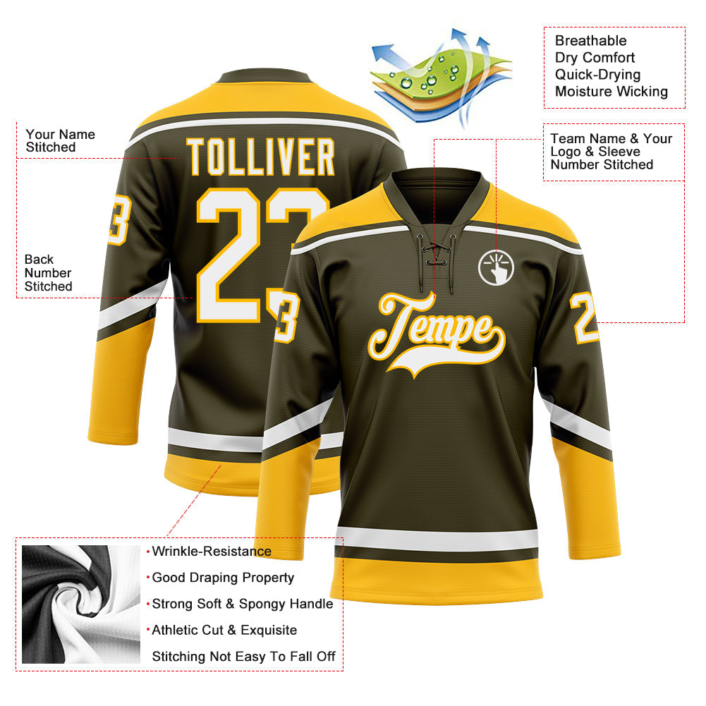 Custom Olive White-Gold Salute To Service Hockey Lace Neck Jersey - Sky-Custom