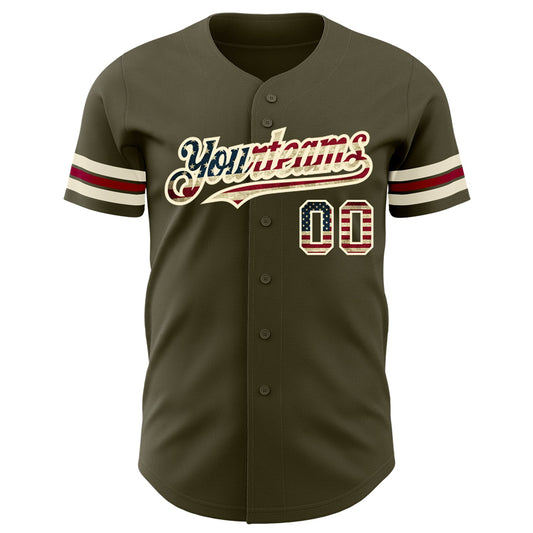 Custom Olive Vintage USA Flag Cream-Crimson Authentic Salute To Service Baseball Jersey - Sky-Custom