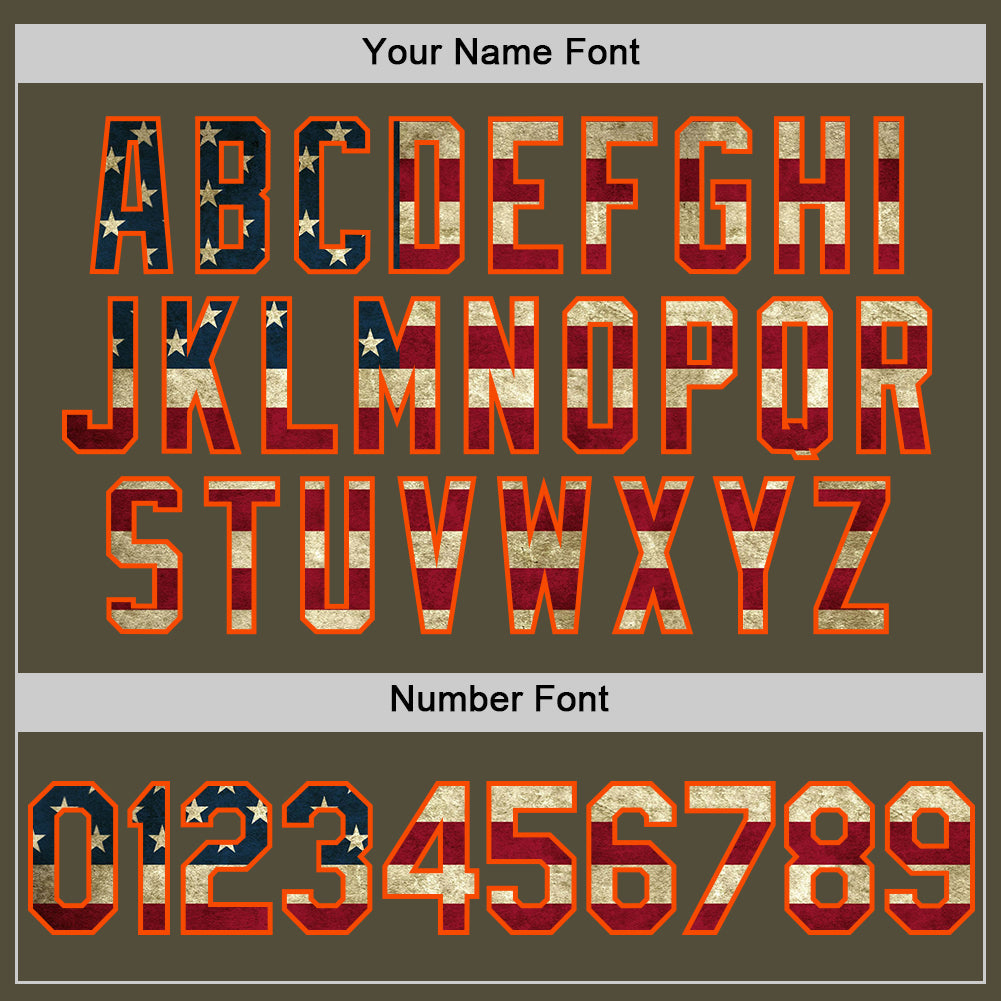 Custom Olive Vintage USA Flag-Orange Mesh Authentic Throwback Salute To Service Baseball Jersey - Sky-Custom