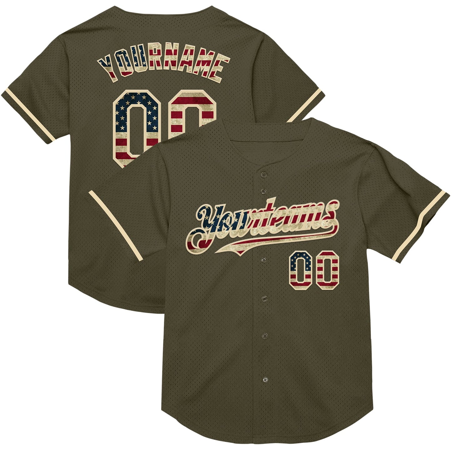 Custom Olive Vintage USA Flag-Cream Mesh Authentic Throwback Salute To Service Baseball Jersey - Sky-Custom