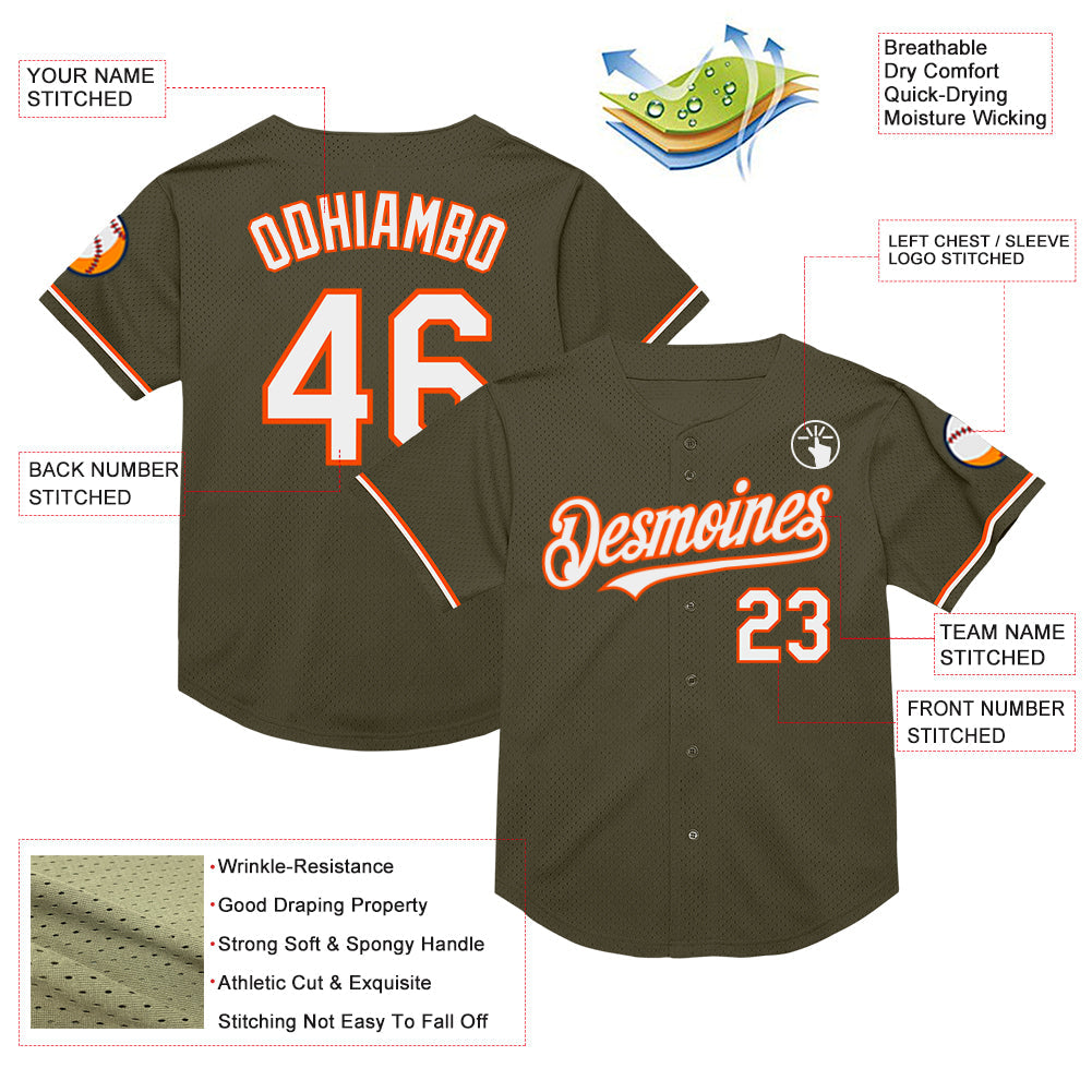 Custom Olive White-Orange Mesh Authentic Throwback Salute To Service Baseball Jersey - Sky-Custom