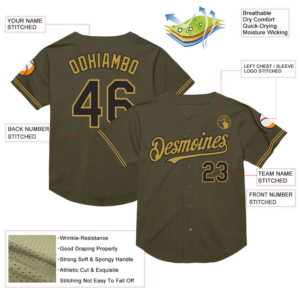Custom Olive Black-Old Gold Mesh Authentic Throwback Salute To Service Baseball Jersey - Sky-Custom