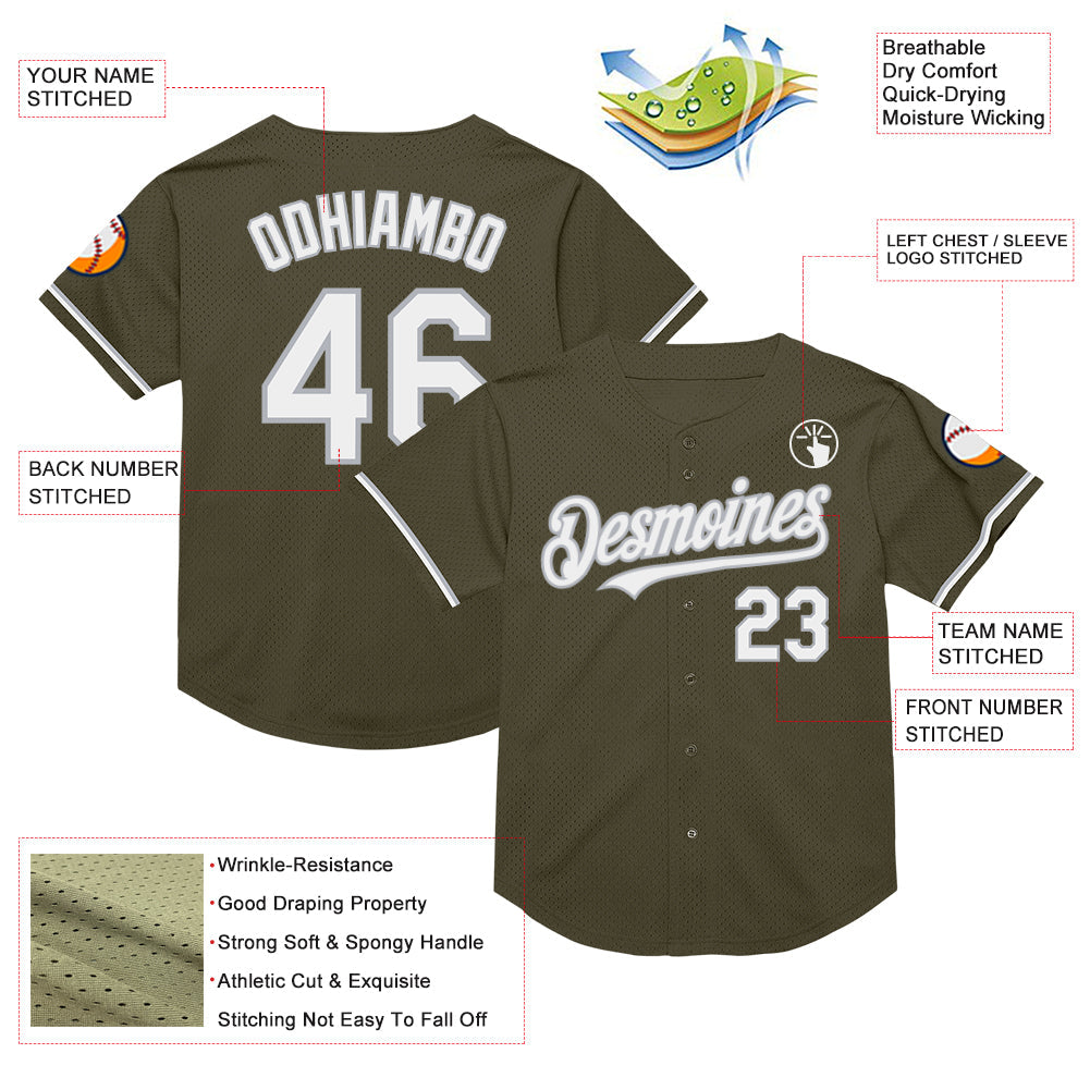 Custom Olive White-Gray Mesh Authentic Throwback Salute To Service Baseball Jersey - Sky-Custom