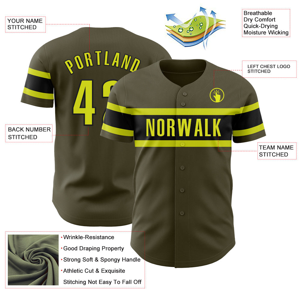 Custom Olive Neon Yellow-Black Authentic Salute To Service Baseball Jersey - Sky-Custom