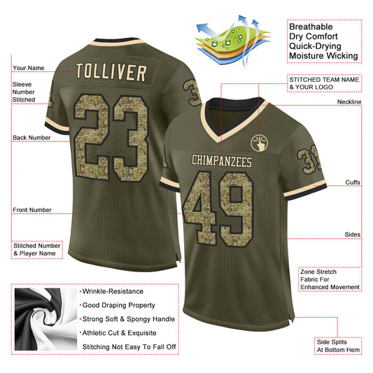 Custom Olive Camo Black-Cream Mesh Authentic Throwback Salute To Service Football Jersey - Sky-Custom