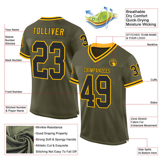 Custom Olive Black-Gold Mesh Authentic Throwback Salute To Service Football Jersey - Sky-Custom