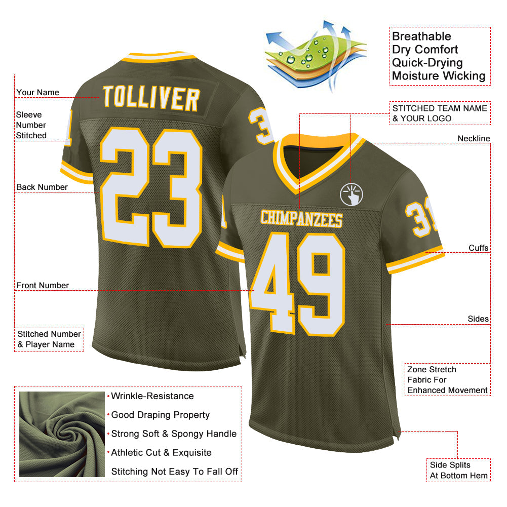 Custom Olive White-Gold Mesh Authentic Throwback Salute To Service Football Jersey - Sky-Custom