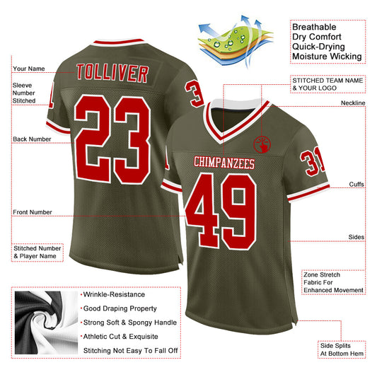 Custom Olive Red-White Mesh Authentic Throwback Salute To Service Football Jersey - Sky-Custom