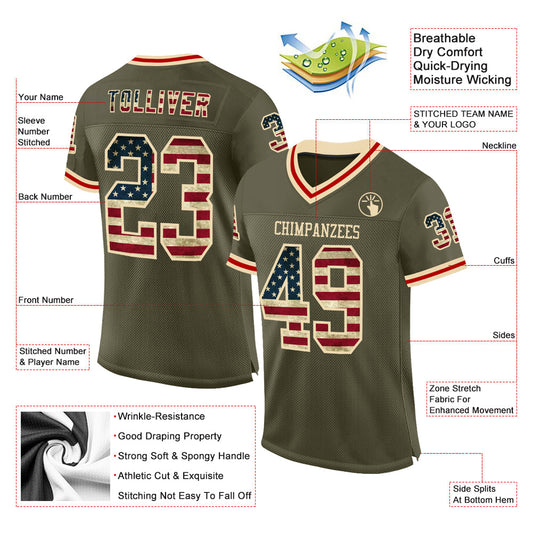 Custom Olive Vintage USA Flag Cream-Red Mesh Authentic Throwback Salute To Service Football Jersey - Sky-Custom