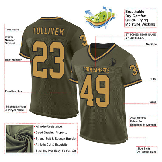 Custom Olive Old Gold-Black Mesh Authentic Throwback Salute To Service Football Jersey - Sky-Custom