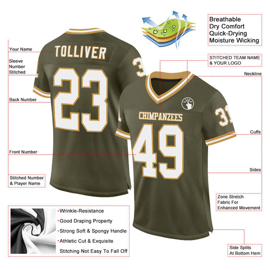 Custom Olive White-Old Gold Mesh Authentic Throwback Salute To Service Football Jersey - Sky-Custom